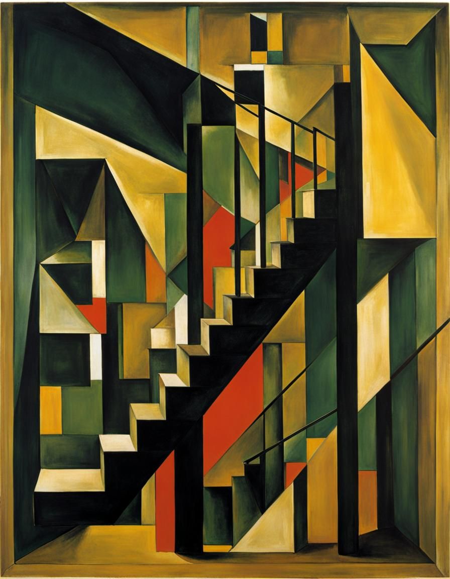 Cubist Figure Ascending Stairs in Dada Style
