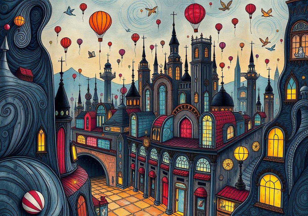 Fantastical Metropolis in Whimsical Line Art Style