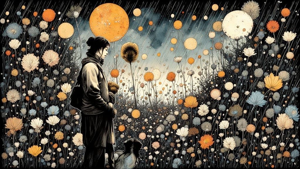 Watching Flowers in the Rain Through a Streaked Window