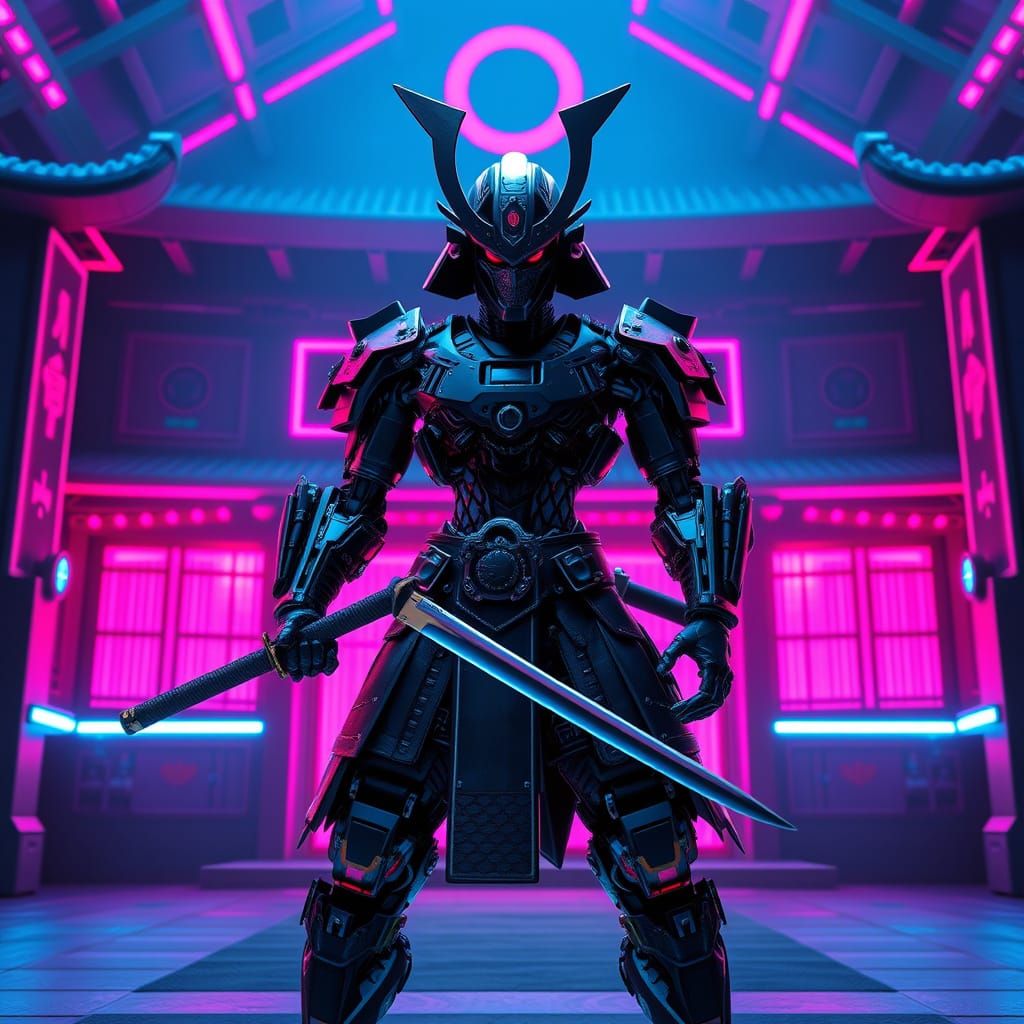 Robotic Samurai Warrior in Neon Cyberpunk Dojo