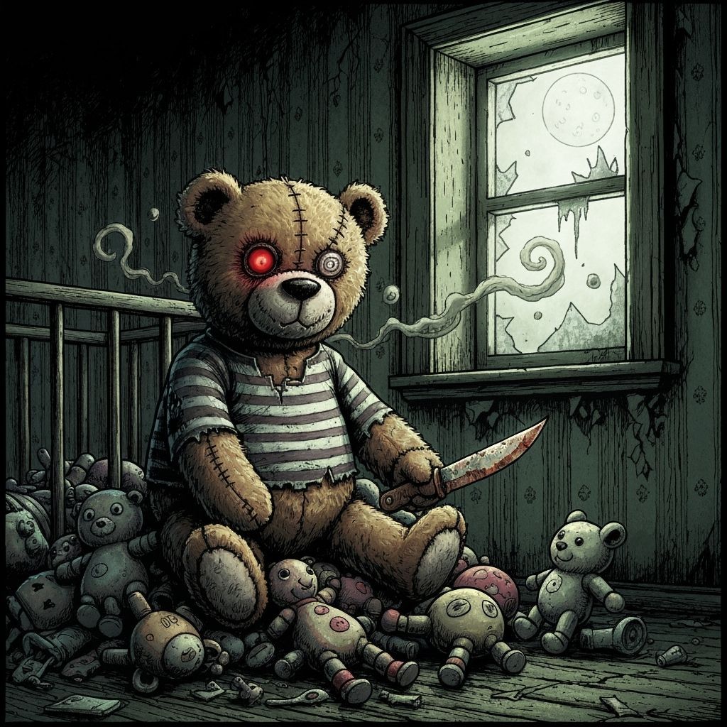 Sinister One-Eyed Teddy Bear with Knife in Dark Comic Style
