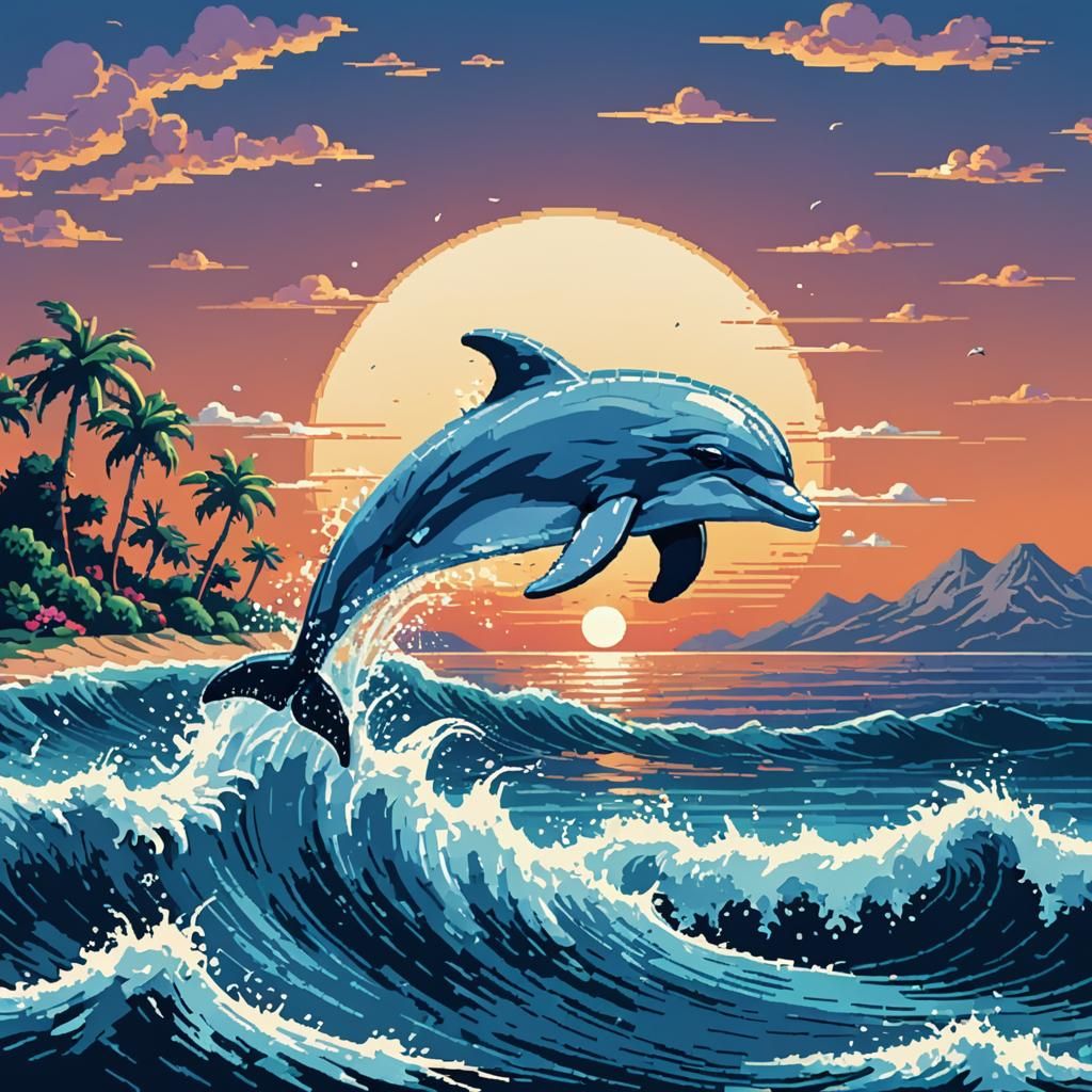 Dolphin Leaps in Retro Pixel Art Style