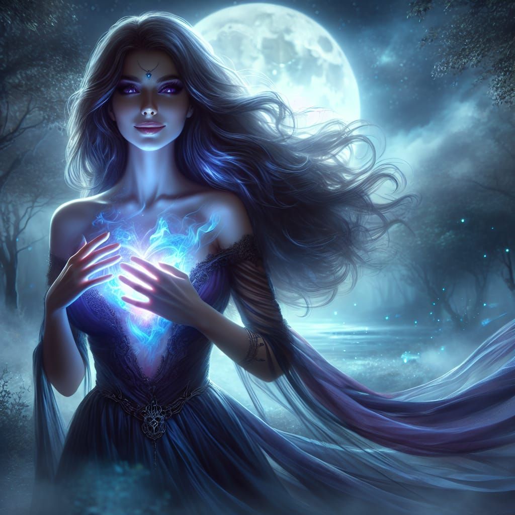 Mystic Woman in Moonlight Forest