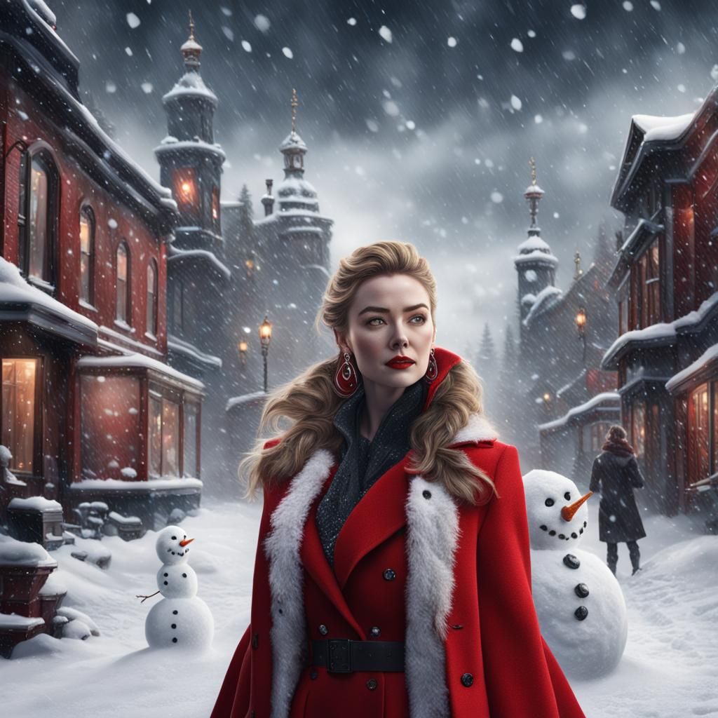 Woman in Red Coat Building Snowman: Digital Matte Painting