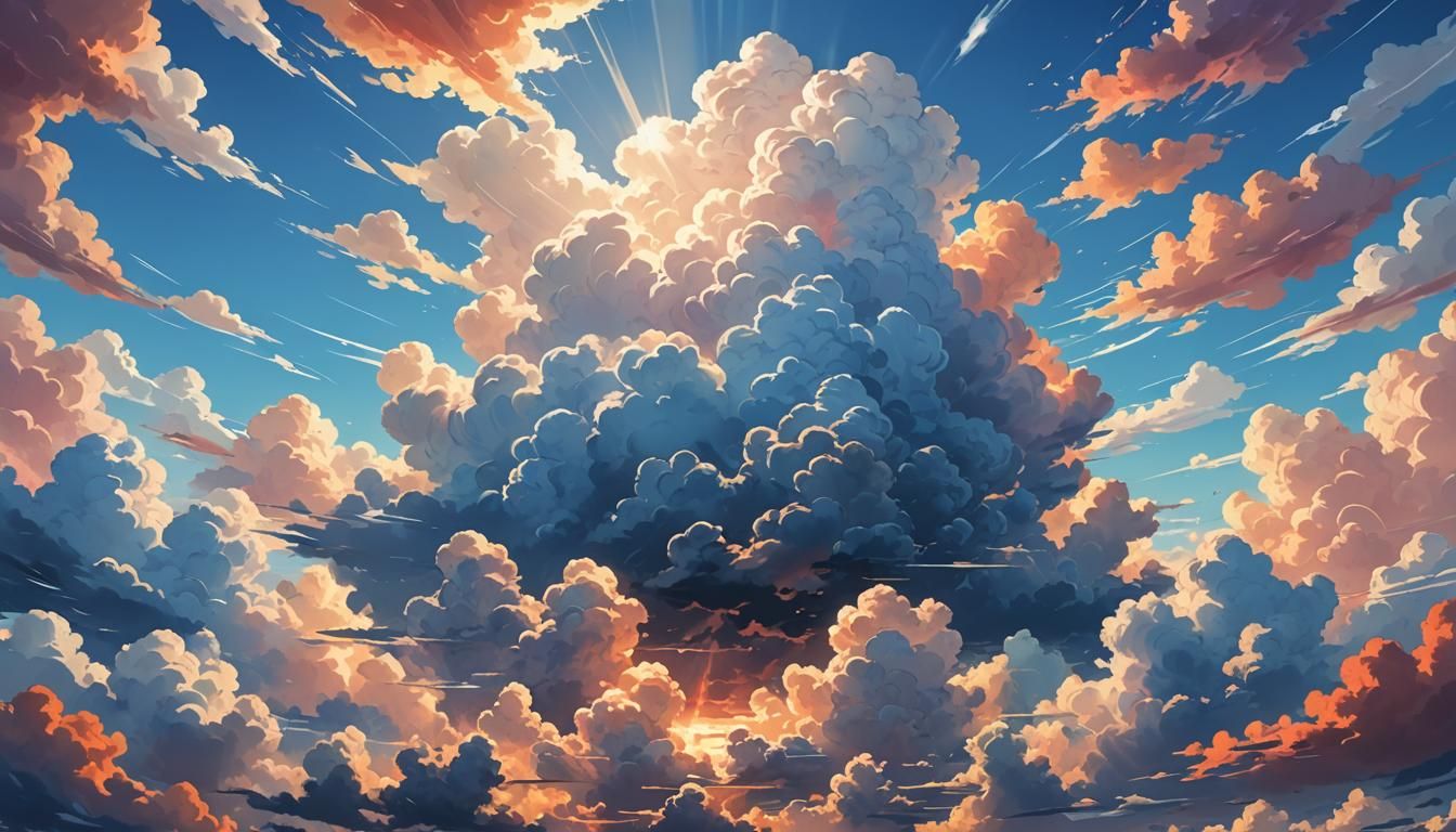 Majestic Clouds Soar in a Brilliant Blue Sky, Anime Style
