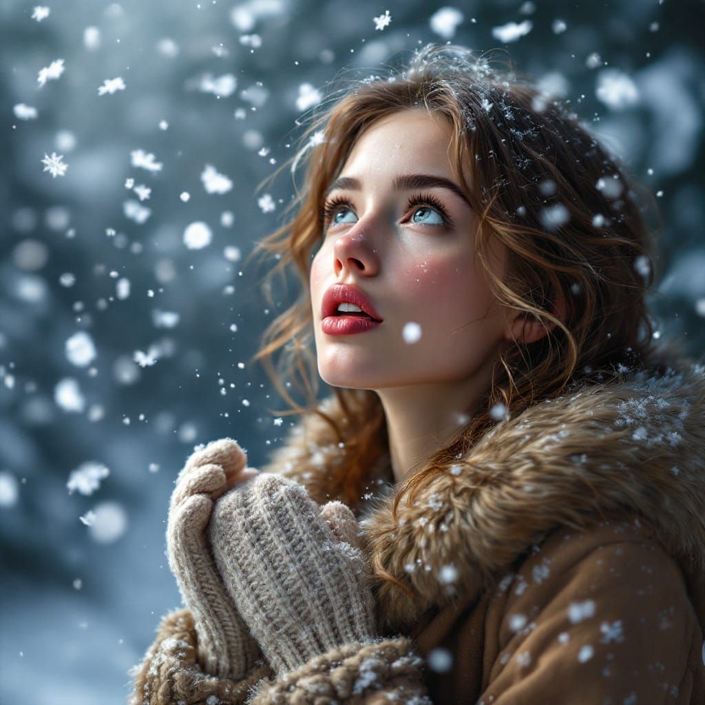 Ethereal Winter Scene with Young Woman Capturing Snowflakes...