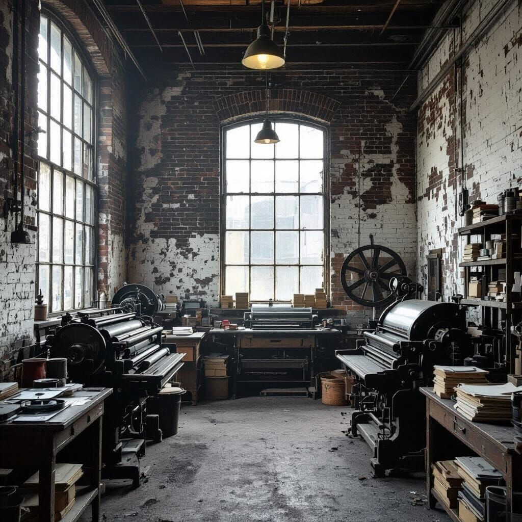 Vintage Letterpress Print Shop Interior with Printing Presse...