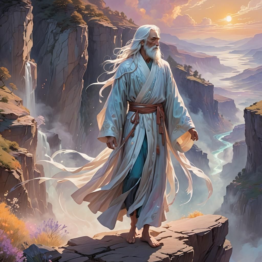 Ethereal Figure Overlooking Iridescent Landscape