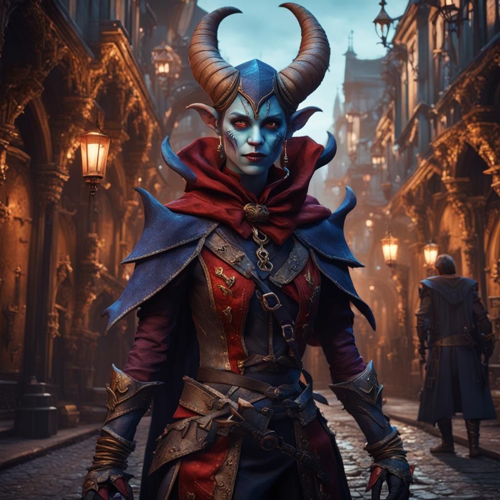 Tiefling Jester Warrior in Gothic Cityscape