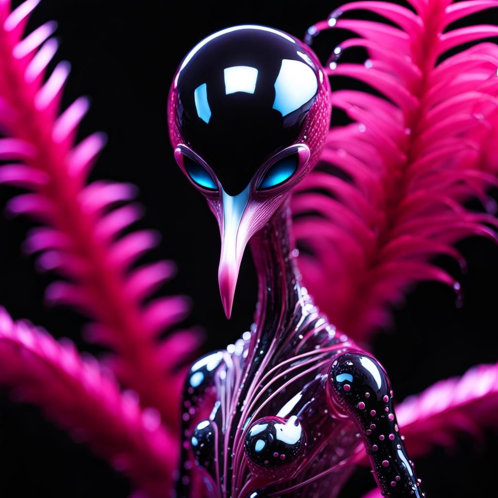 Translucent Alien Flamingo in Cyber Jungle