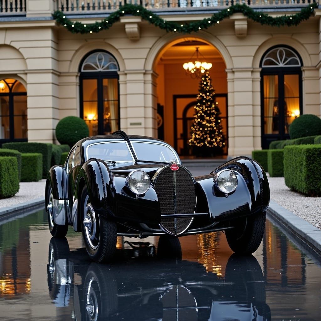 Elegant Bugatti in Festive Holiday Setting with Classic Arch...