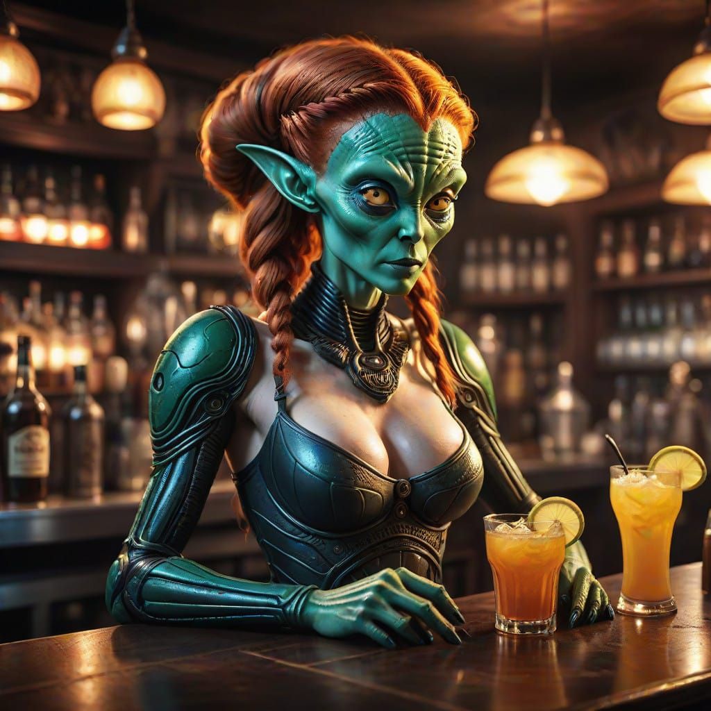 Ginger Haired Alien Bar Wench in Cinematic Atmosphere