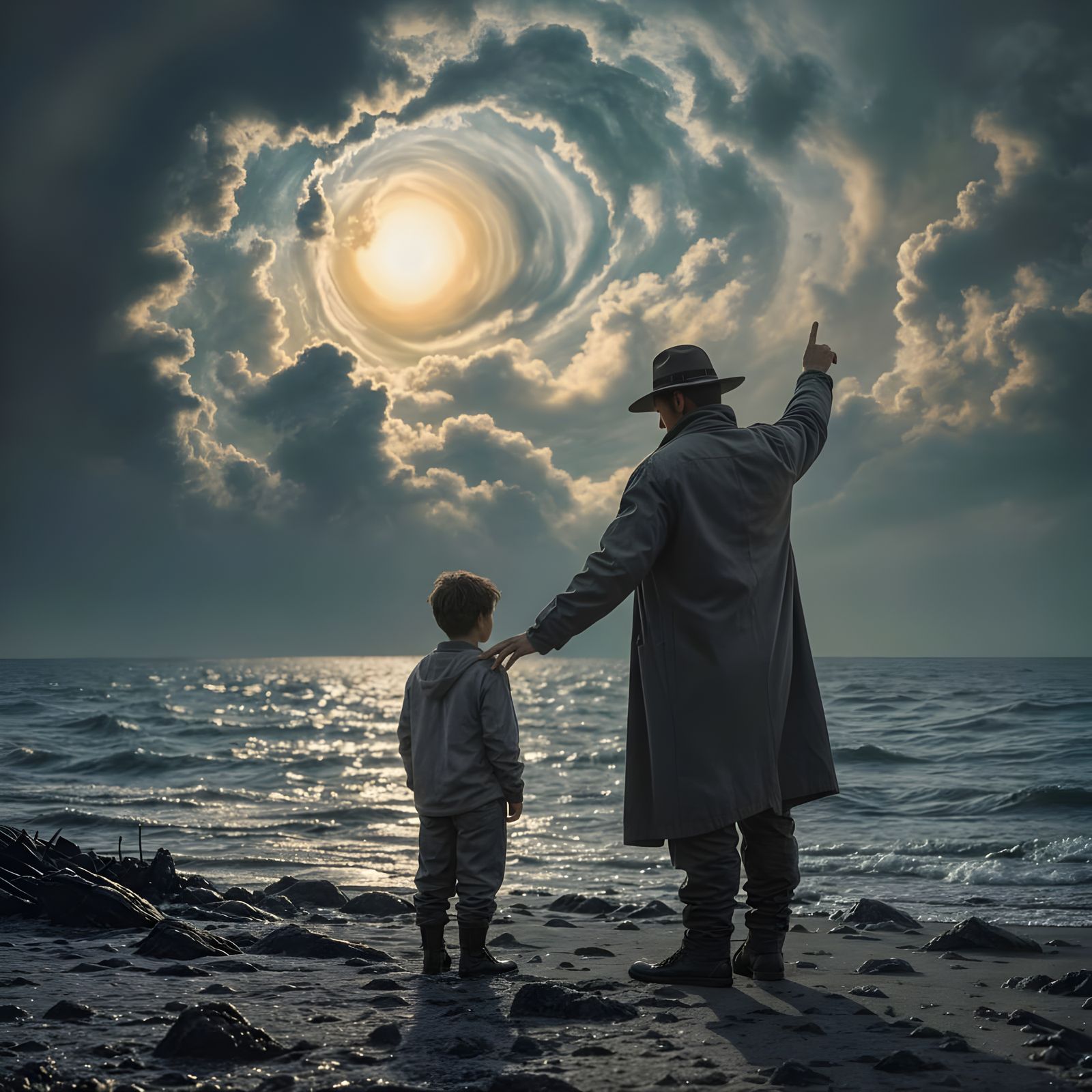 Father and Son Gaze at Ethereal Island Under Nebula Sky