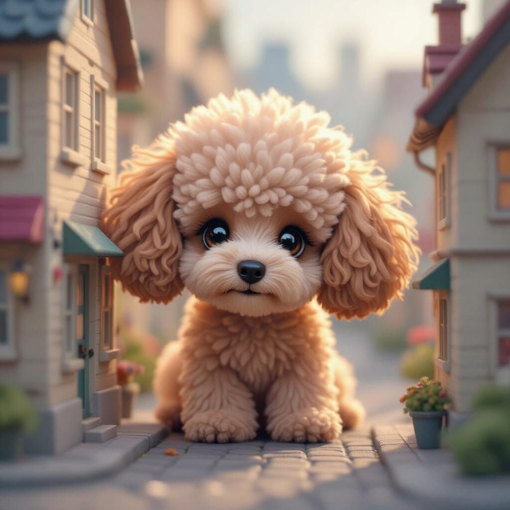 Chibi Poodle Peeks from Miniature Cityscape