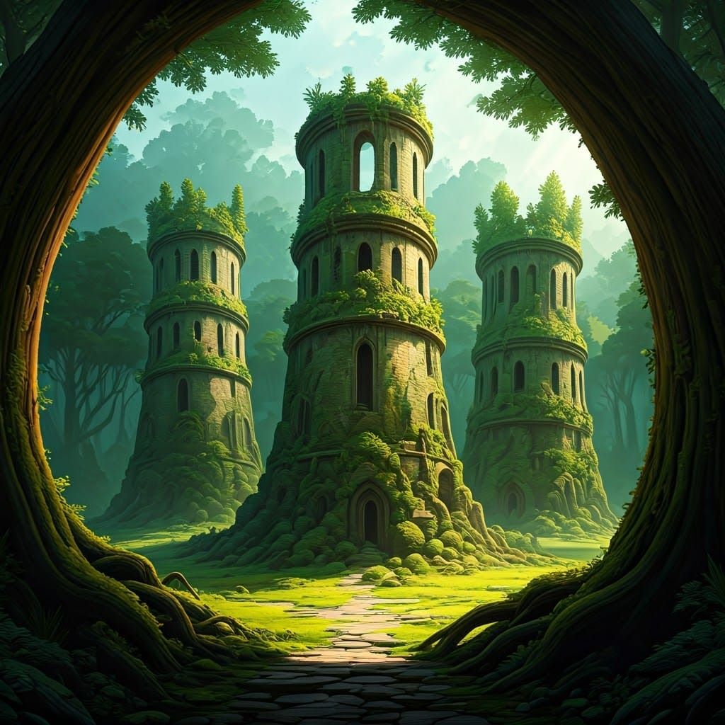 Mystical Towers in Emerald Forest, Dreamlike Landscape