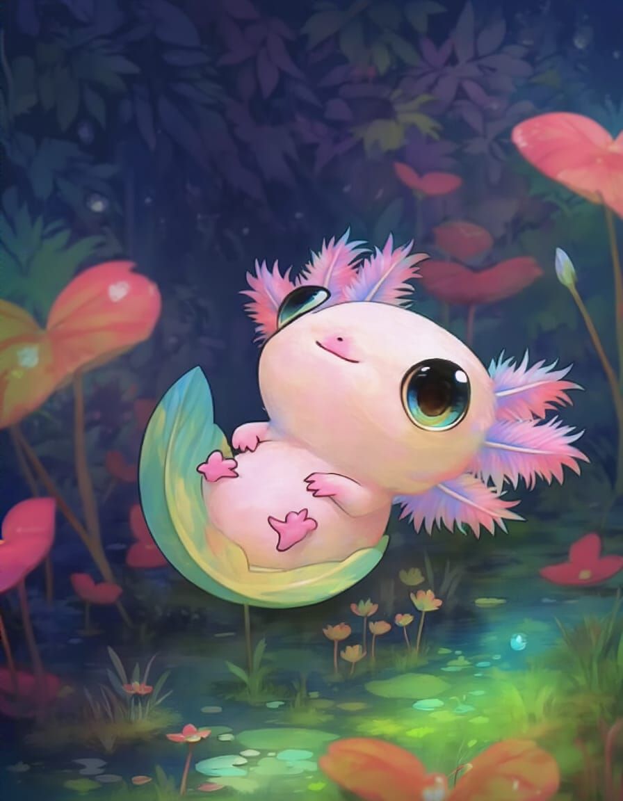 Pink Axolotl with Water Lily Crown in Whimsical Style