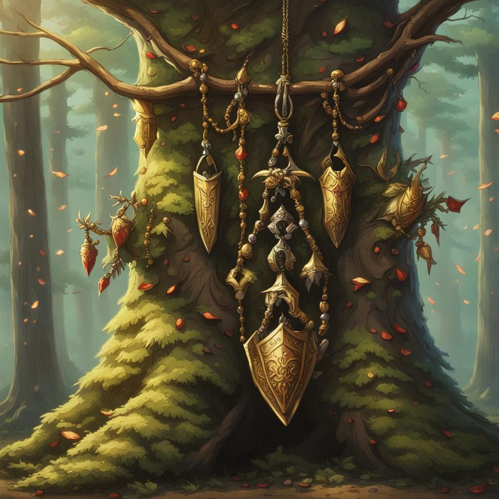 Evergreen Tree Adorned with D&D Battle Spoils