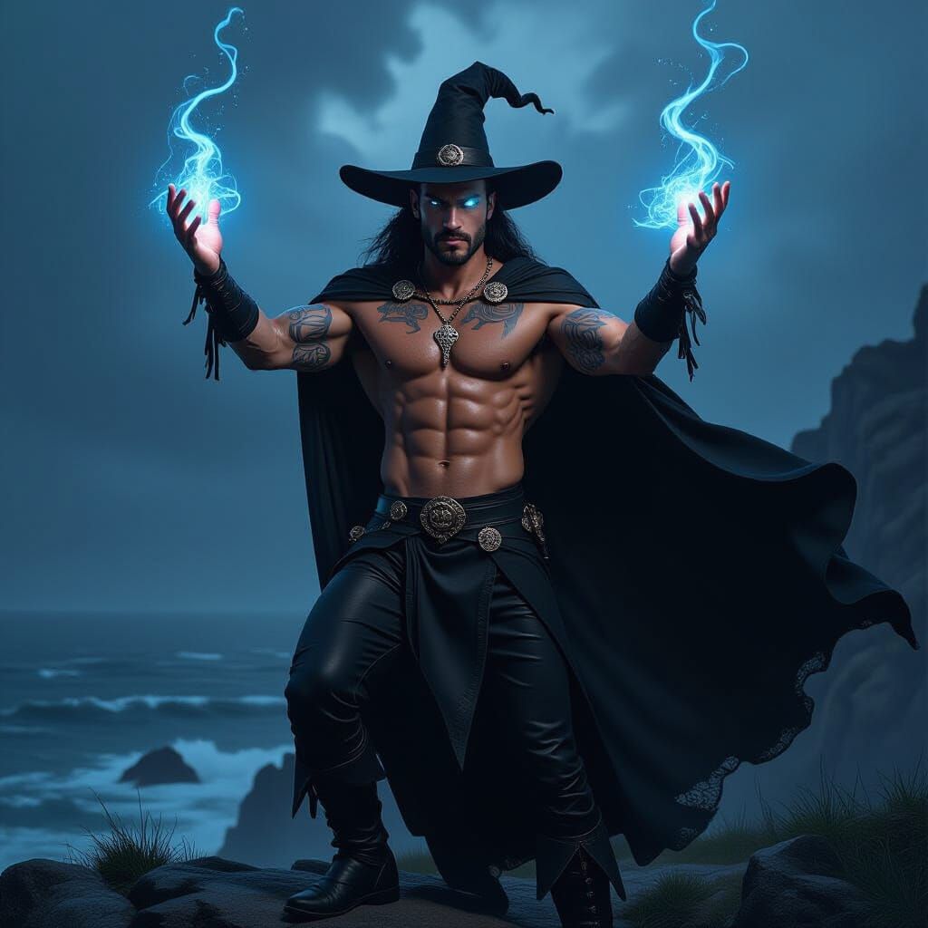 Muscular Male Witch Conjures Storm on Cliff