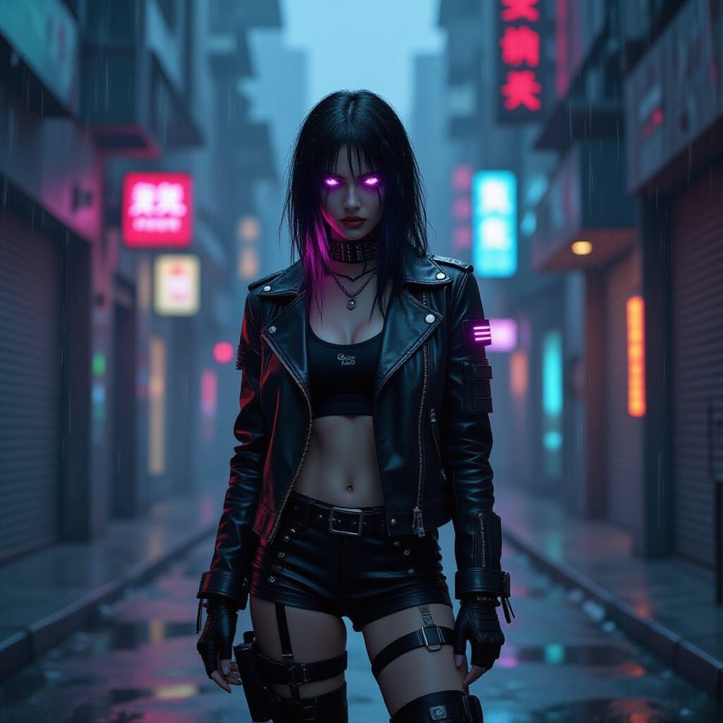 Cyberpunk Goth Girl in Rainy Metropolis