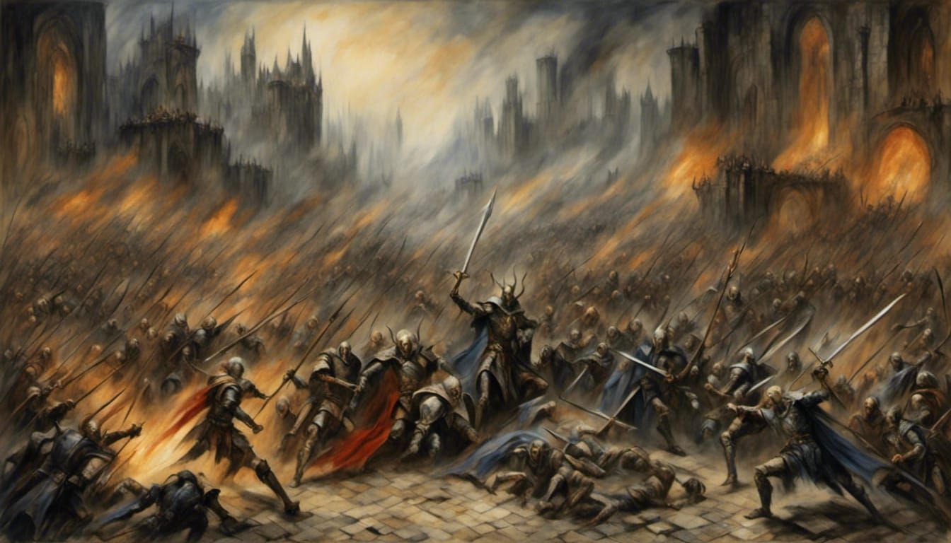 A battle rages between high elves and dark elves <lora:Aeon ...