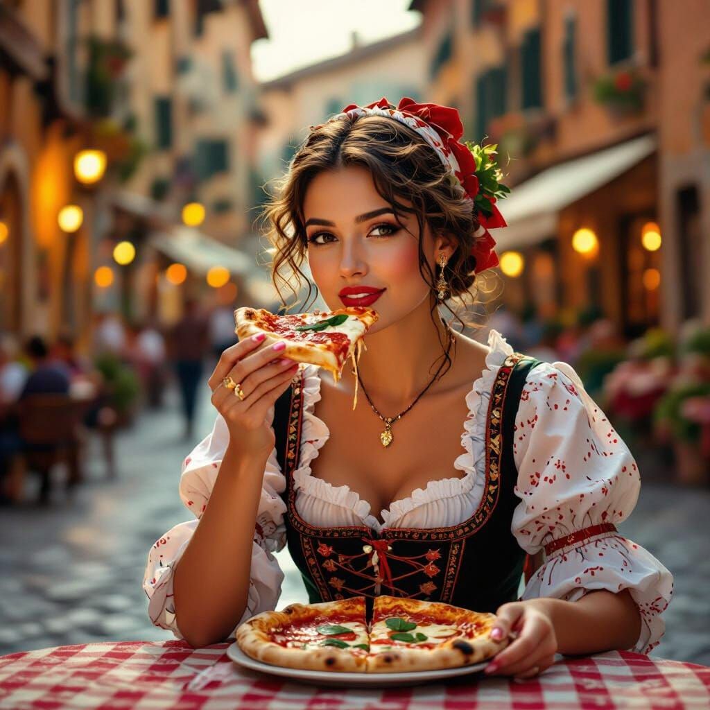 Italian Woman Eats Pizza in Tuscan Piazza