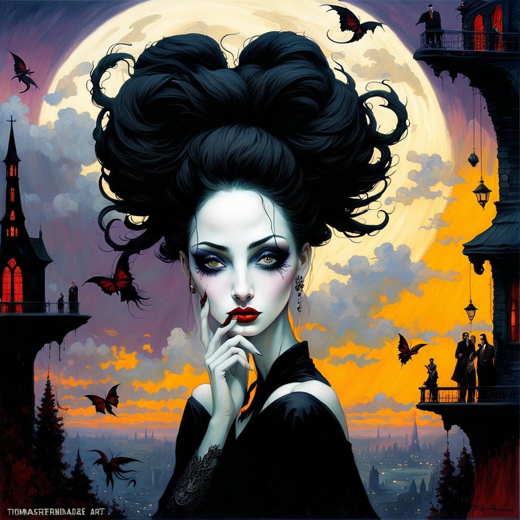 Gothic Woman in Moonscape: A Romantic Dark Academia Artwork