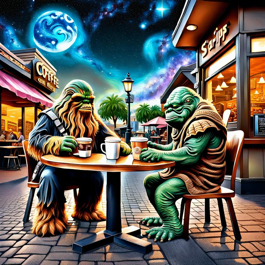 Jabba, Chewbacca, Cthulhu at Star Sips Cafe