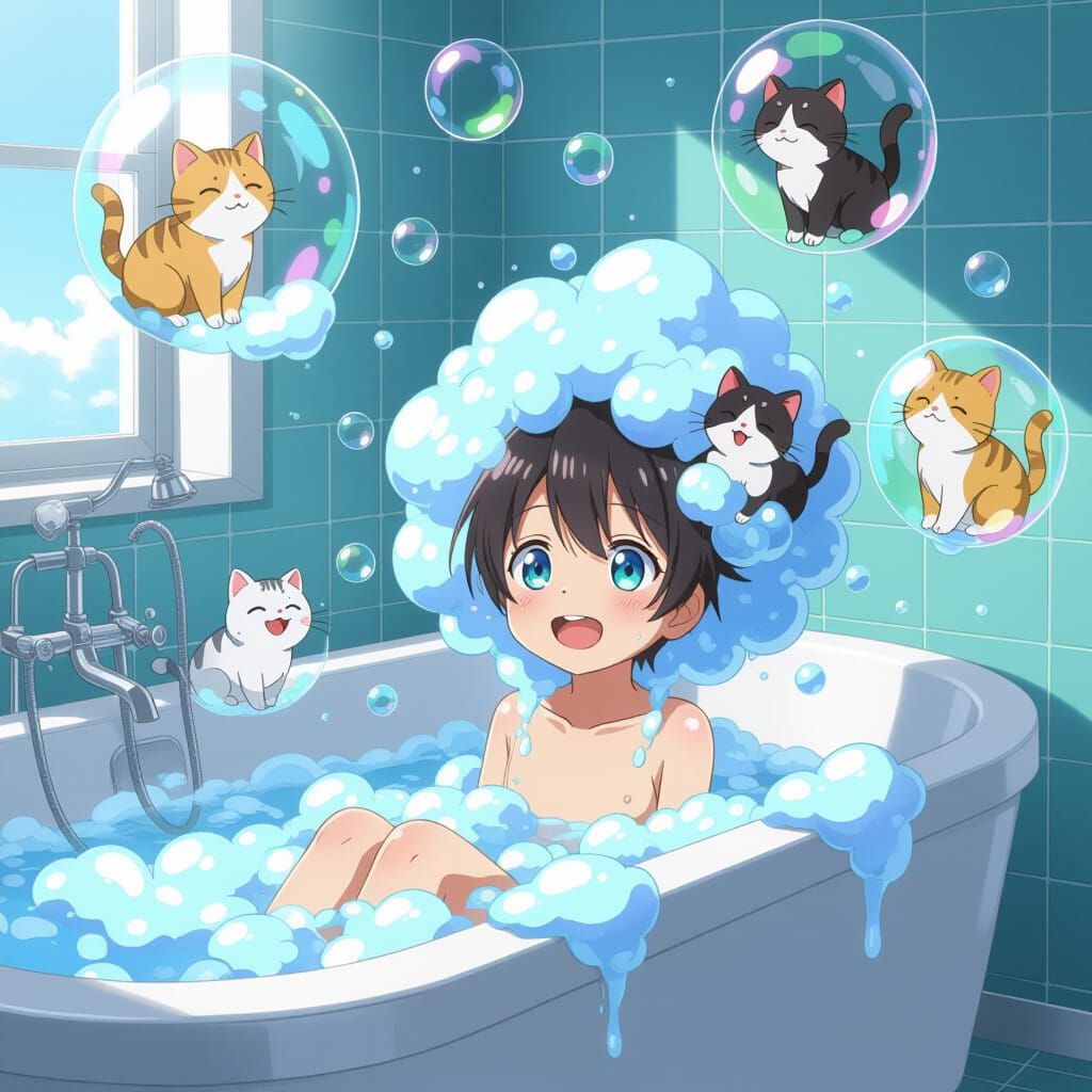 Cats in Bubbles: Anime-Style Bath Time