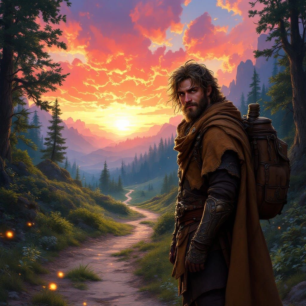 Vibrant Sunset Paladin Bids Farewell to Friends in a Lush Fo...