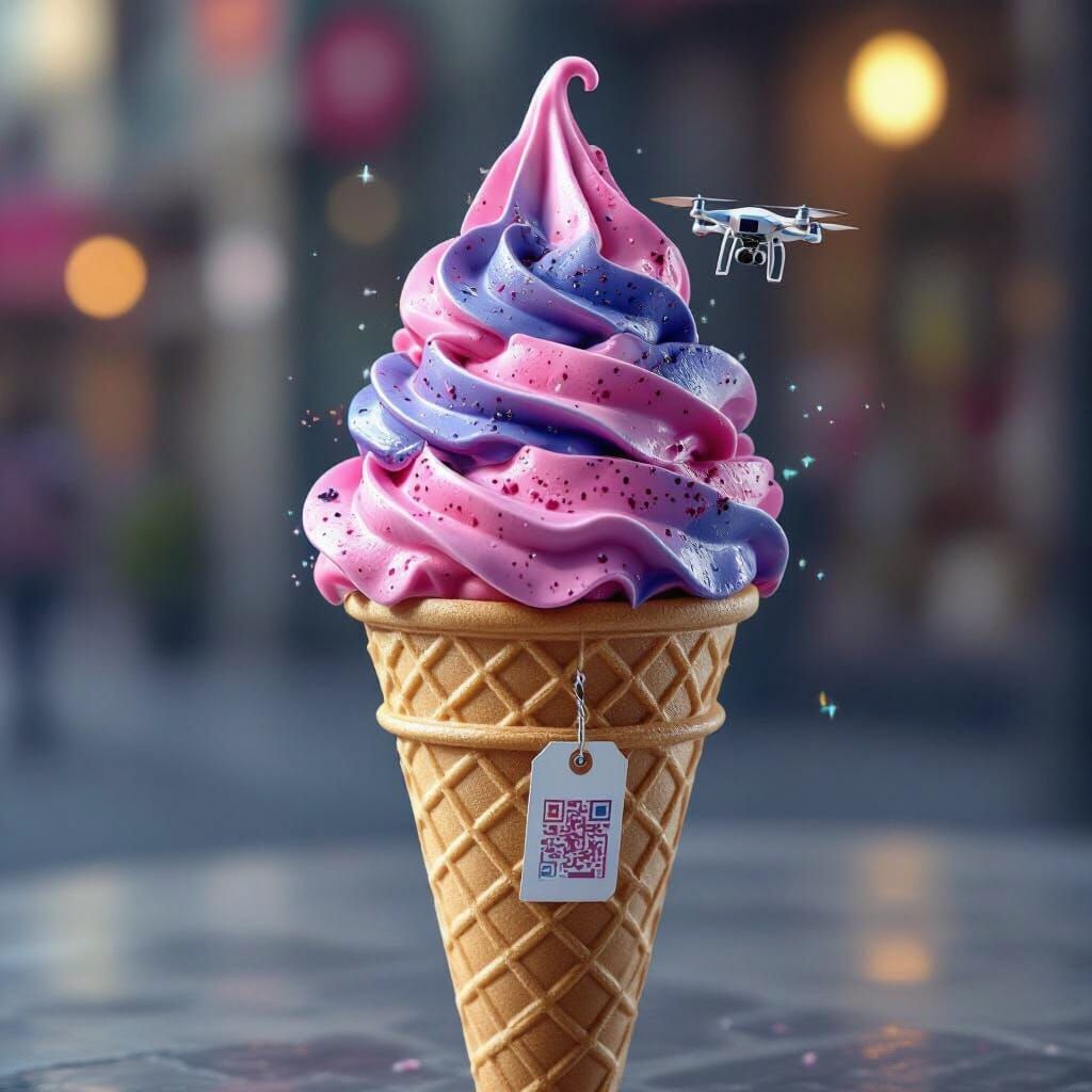 Cyberpunk Ice Cream Cone with Glitch Art Style