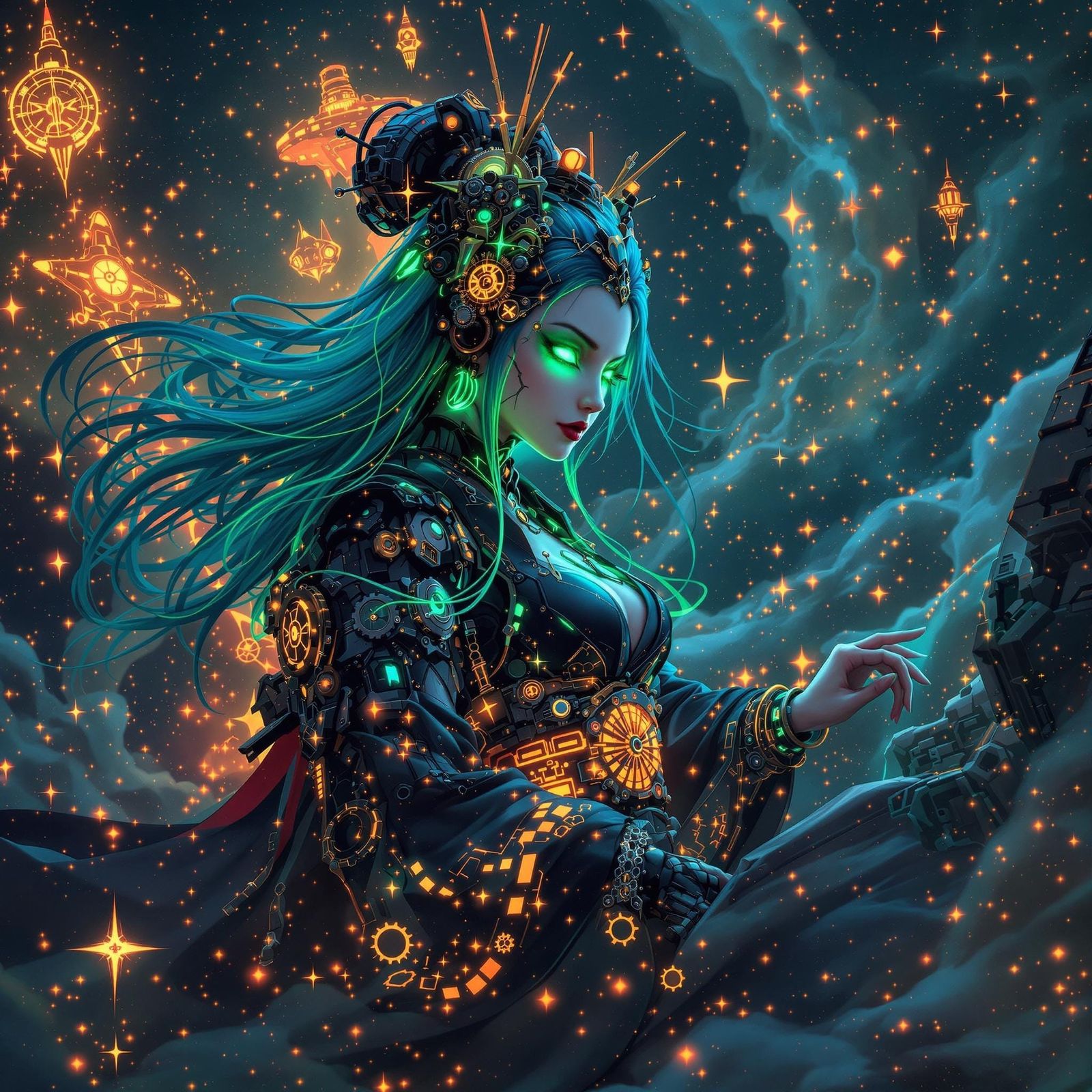 Gothic Cyborg Geisha Piloting Rocket in Steampunk Fantasy