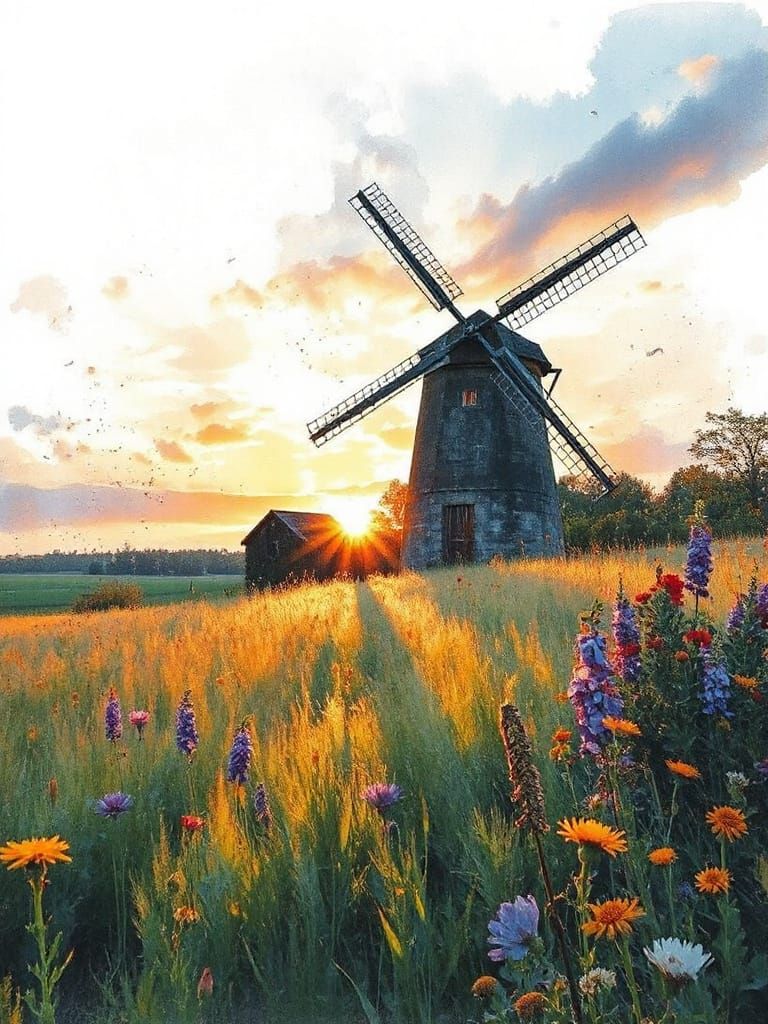 Old Windmill at Sunset Impasto Painting