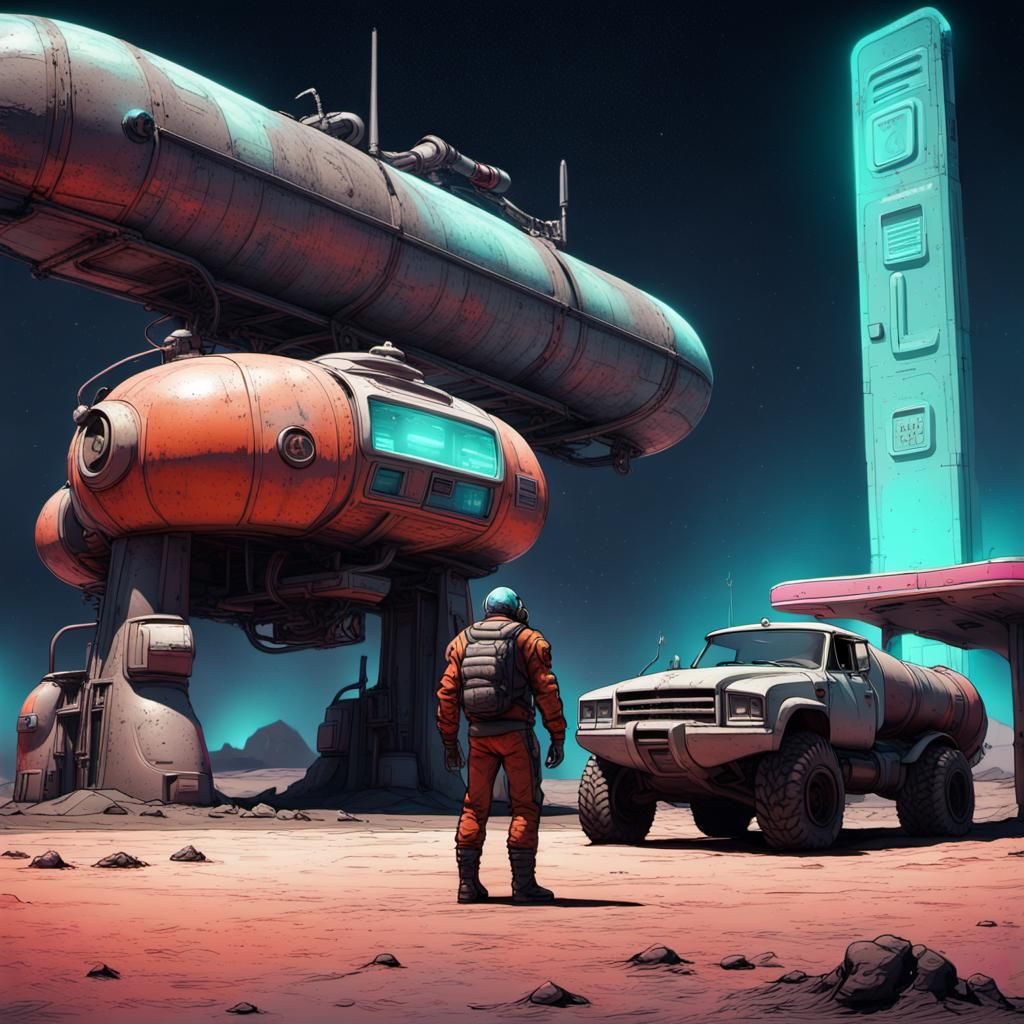 Neon Gas Station on Barren Sci-Fi Planet