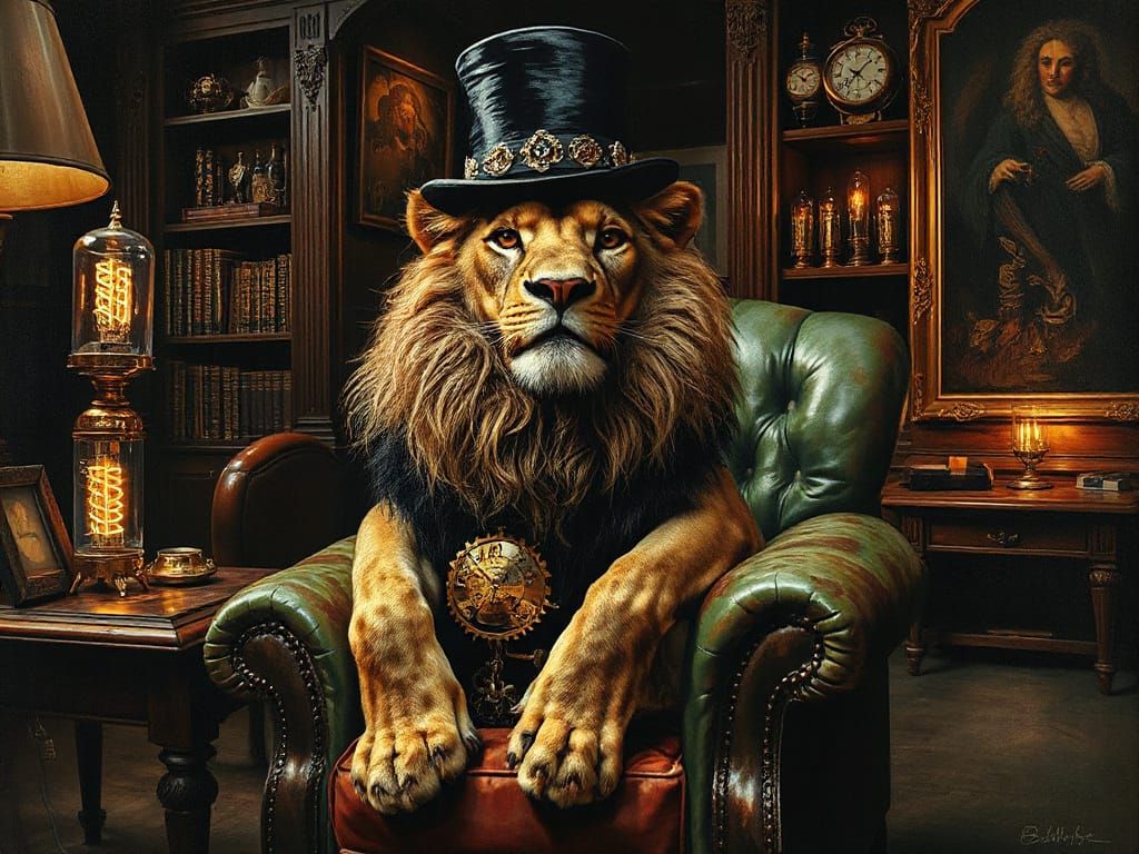 Clockwork Lion in Victorian Study Oil Painting