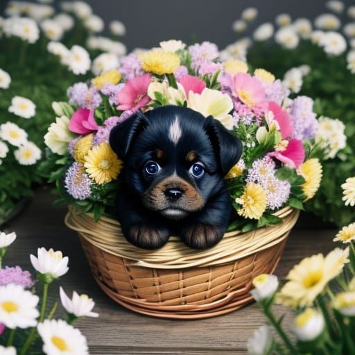 Super Cute Puppy in Flower Basket, Ultra Realistic