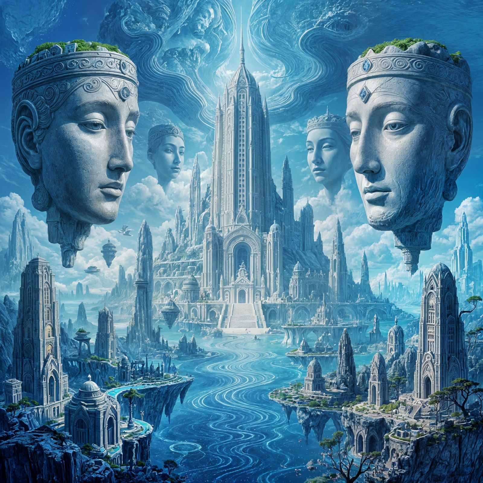 Surreal Atlantis City with Floating Stone Faces