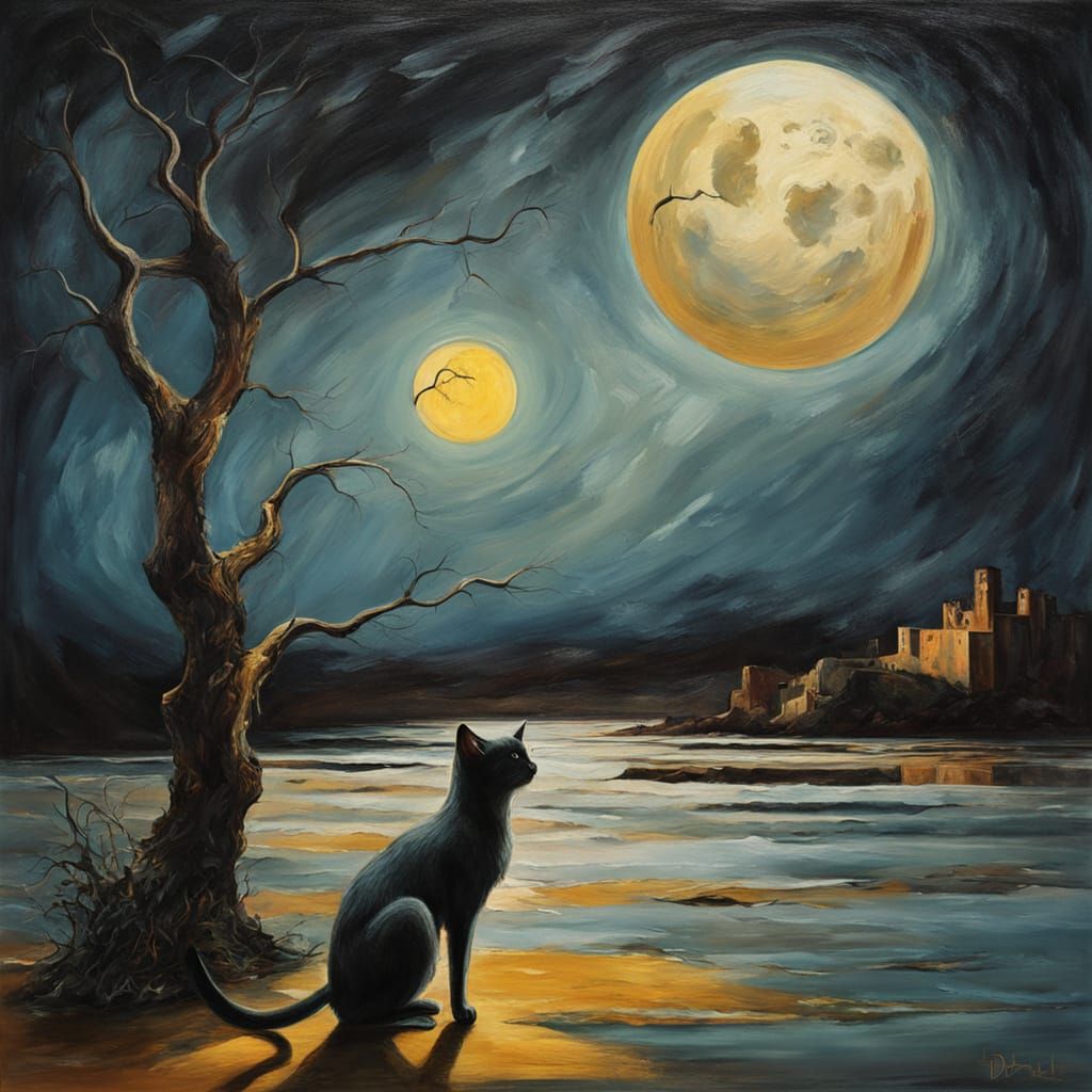 Surreal Cat Yowling at Melting Moon