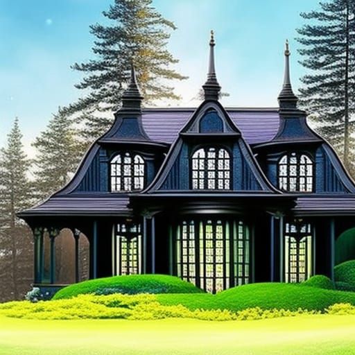 Eco friendly black gothic house with Circular windows& Eco Friendly vibes& fractals vibes& gothic vibes& ethereal vibes&...