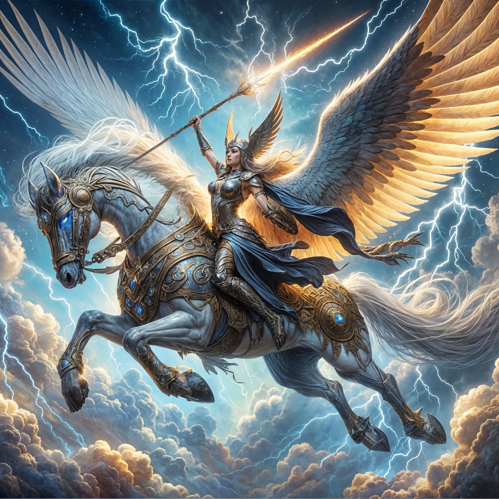 Valkyrie on Winged Horse: Norse Mythology Art