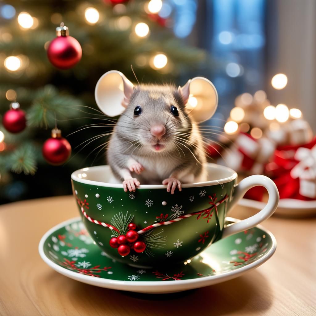 Mouse in Christmas Cup by Decorated Tree