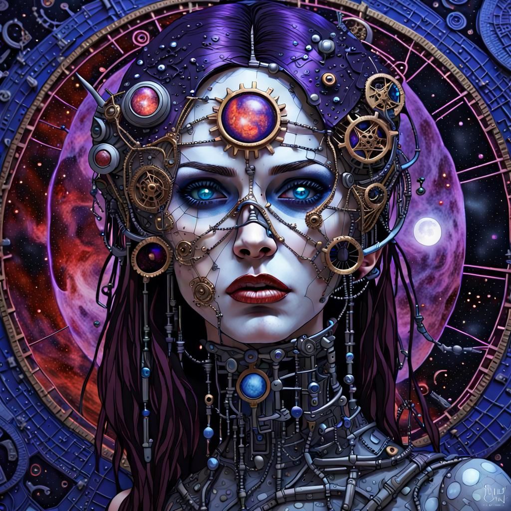 Steampunk Cyborg Vampire-Witch Portrait in Expressionist Sty...