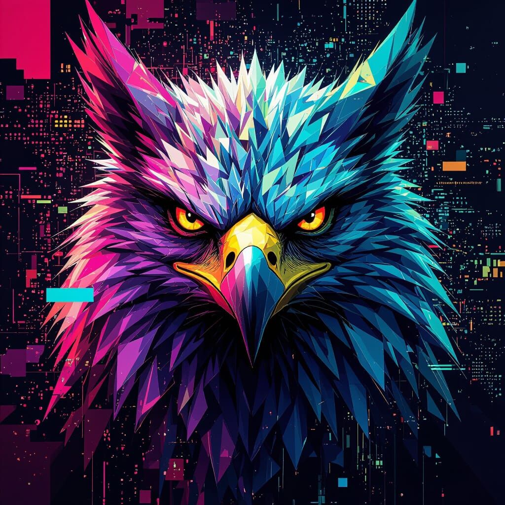 Majestic Griffin Portrait in Glitch Art Style