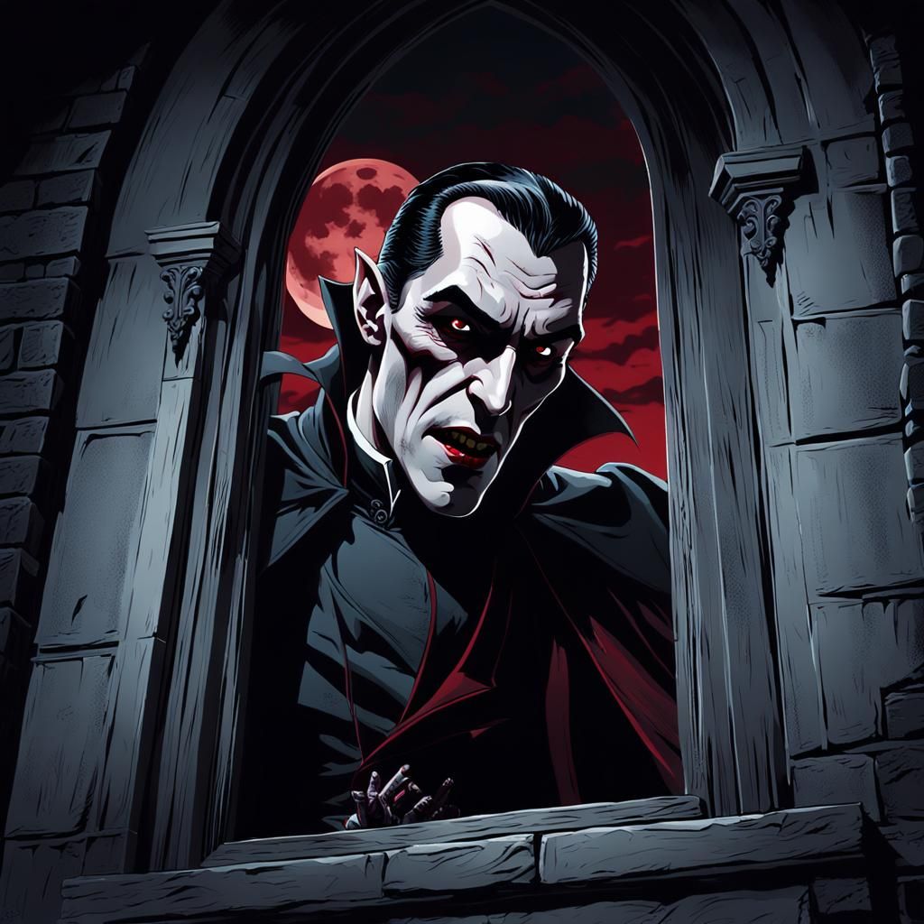 Eerie Dracula Peeking Through Window in Gothic Horror Style