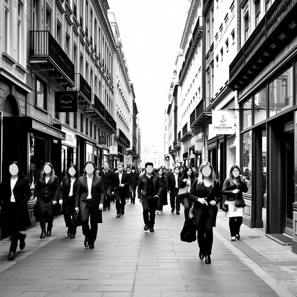 Faceless Crowd on a European Sidewalk
