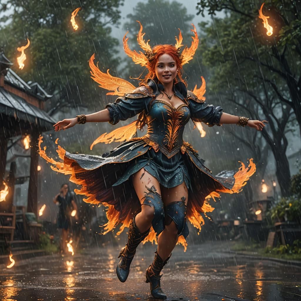 Fire Fairy Dancing in the Rain: Fantasy Concept Art