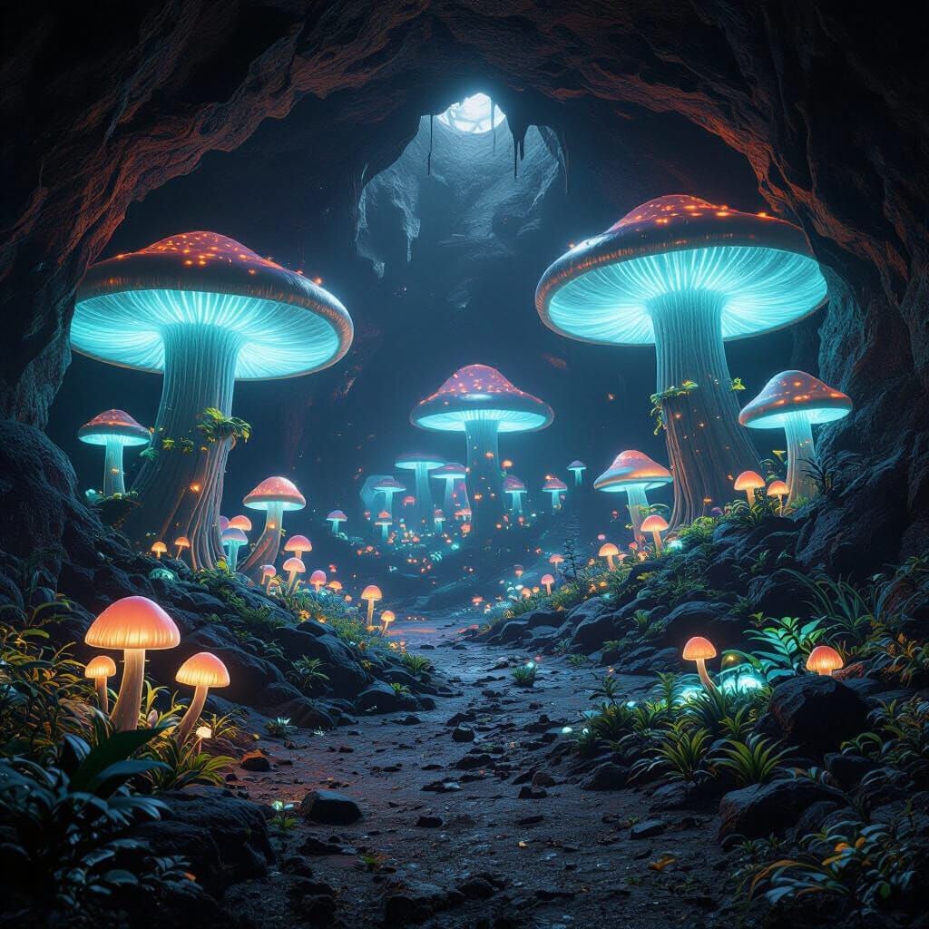 Bioluminescent Mushrooms in a Grand Underground Cave