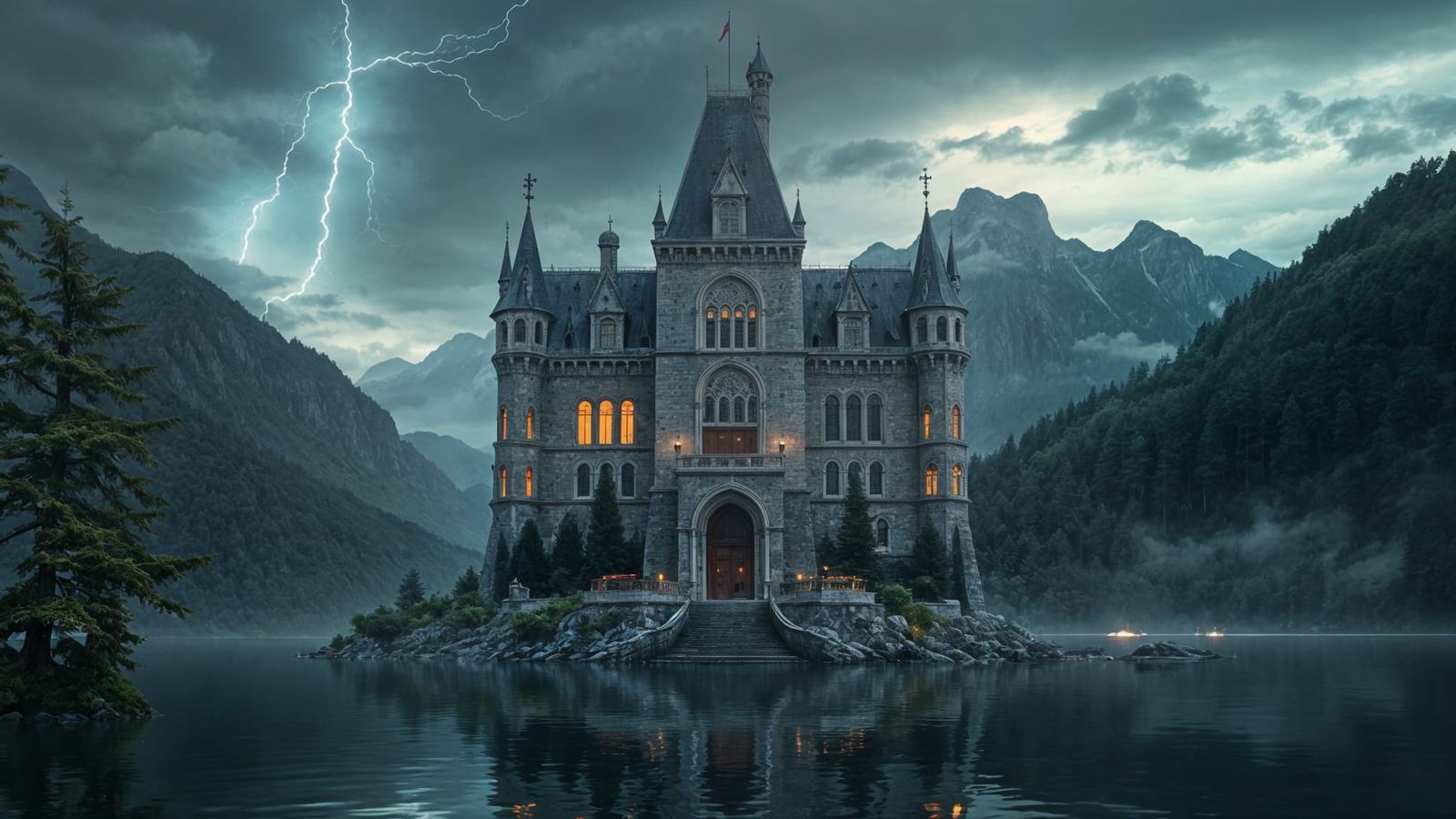 Majestic Castle on Misty Island at Dusk