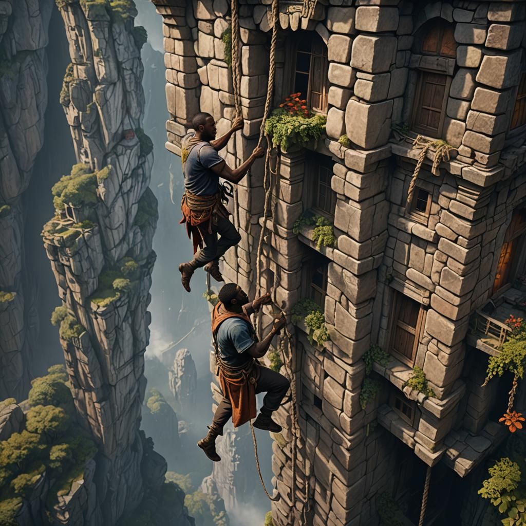 Man Escapes Stone House by Rope: Matte Painting