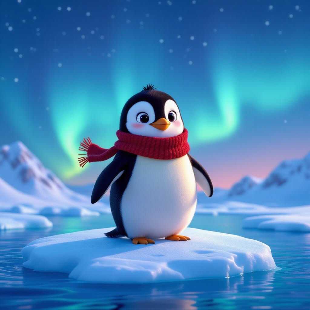 Bob the Penguin Under the Aurora Borealis