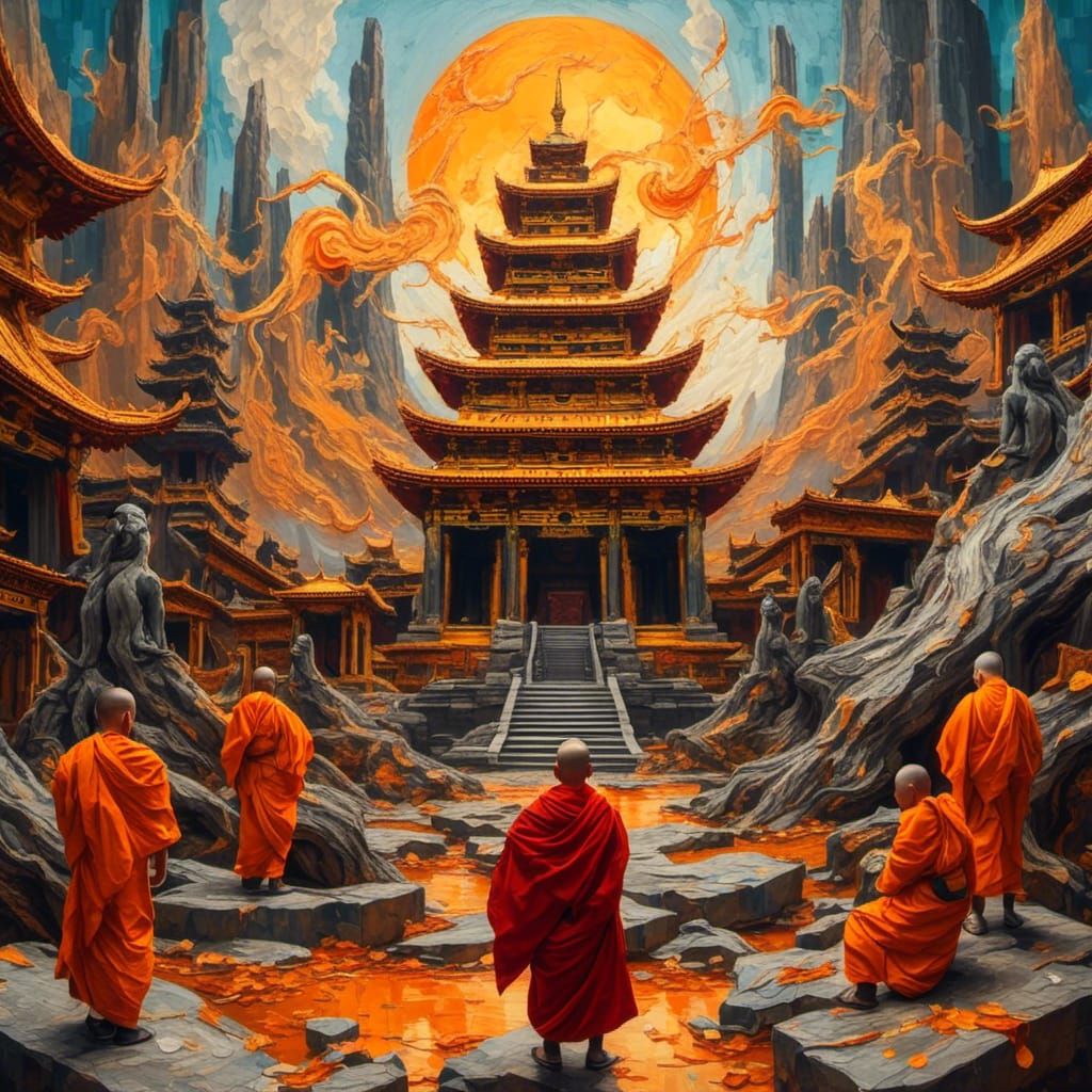 Monks in Surreal Temple: Impasto Oil Painting